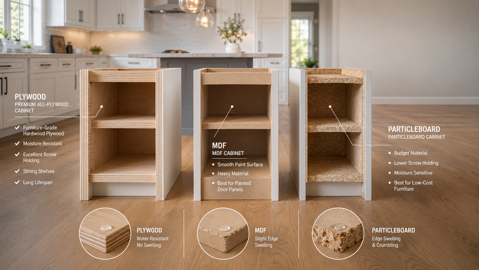 Plywood vs Particleboard vs MDF Cabinets: Why the Box Material Decides Everything
