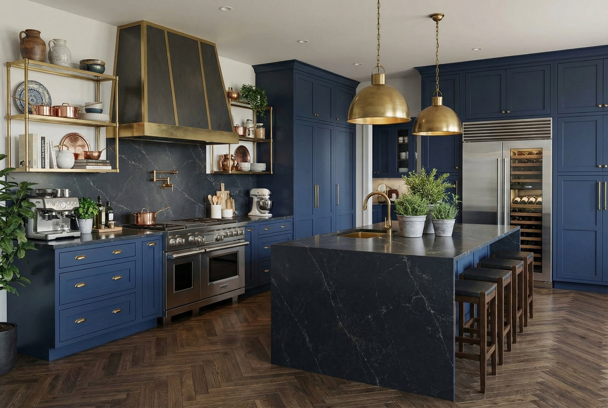 Dramatic Blue & Dark Stone Kitchen
