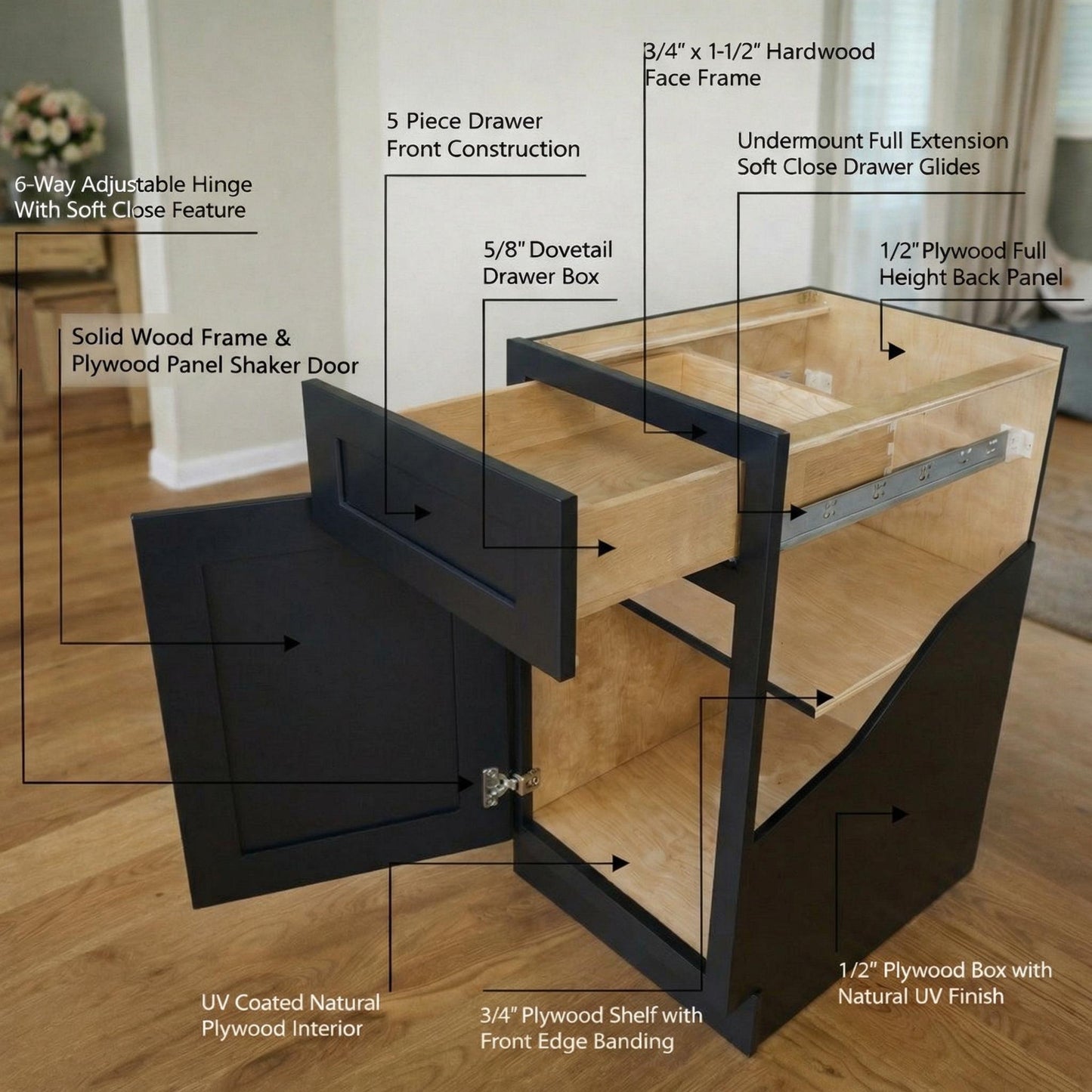 Shaker Bridge Wall Cabinet 30" (W312424) · Ardelle - Ebony - Construction Detail