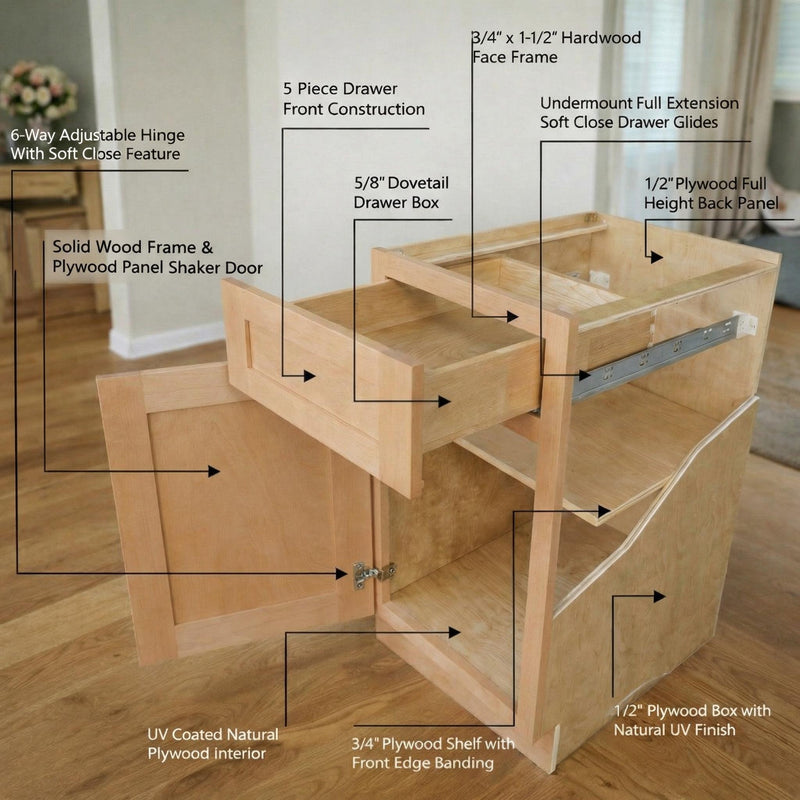Shaker Base Cabinet 18" - 1 Door, 1 Drawer (B18) in Timber
