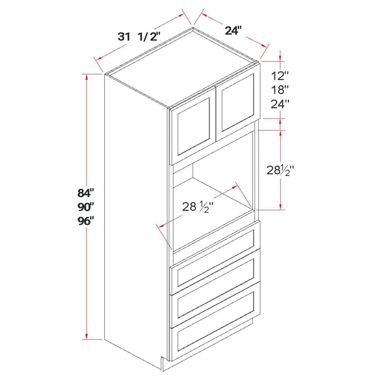 Shaker Oven Cabinet 31" (OC3196) · Ardelle - Dimensions