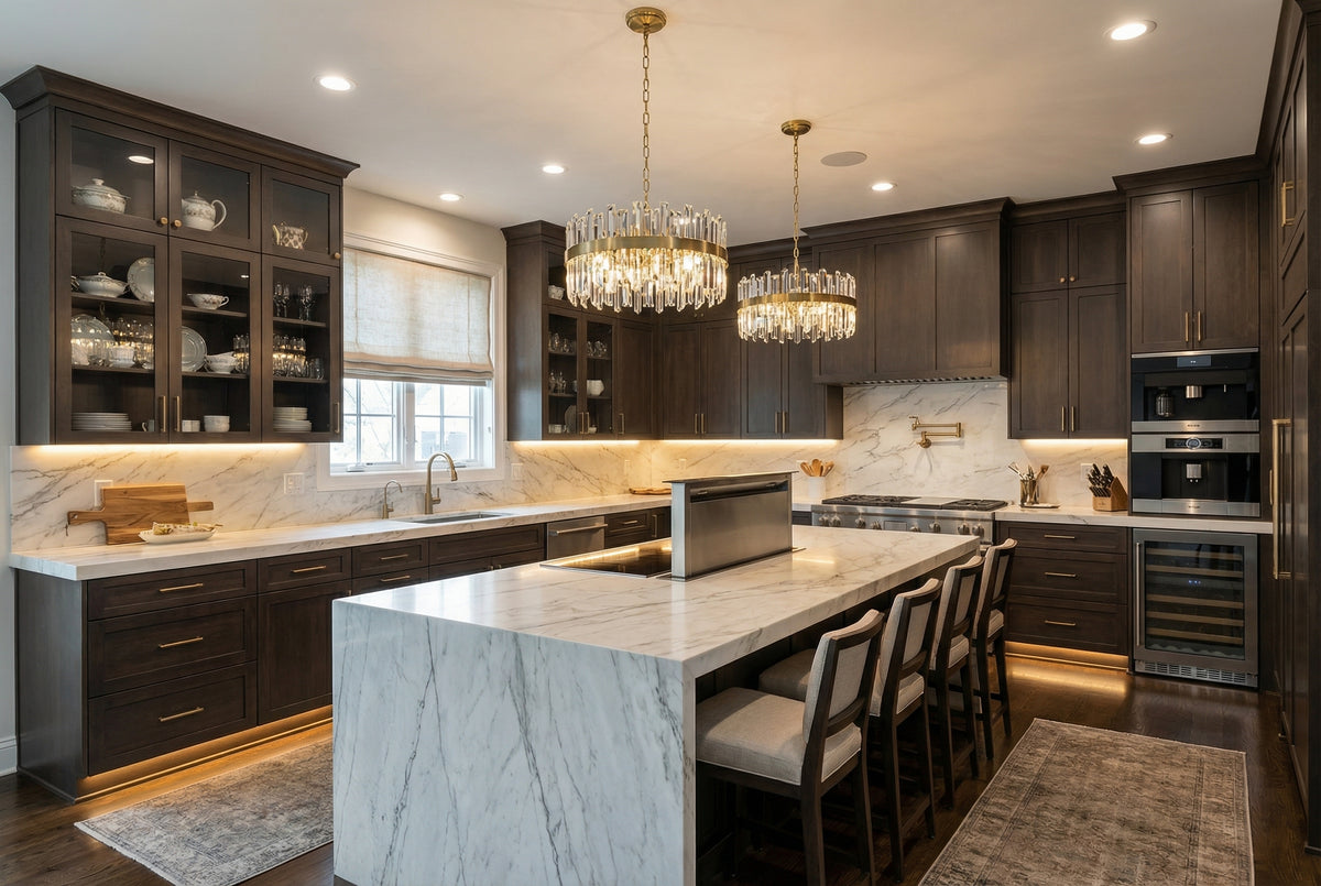 Mocha Kitchen with Crystal Chandeliers