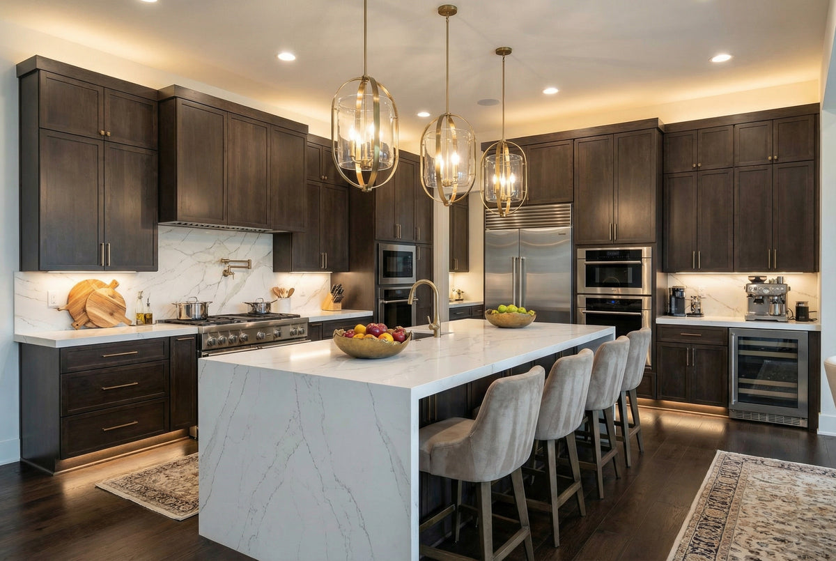 Mocha Kitchen with Orb Pendants