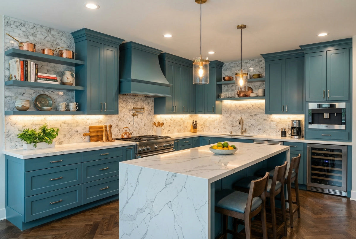 Teal Kitchen with Textured Backsplash