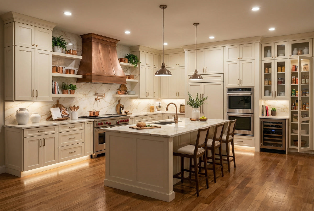 Warm Swan White Kitchen with Copper Hood