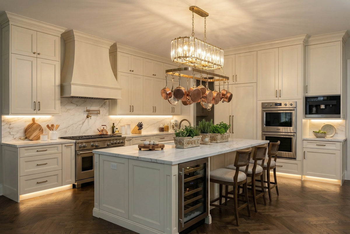 Swan White Kitchen with Pot Rack Chandelier