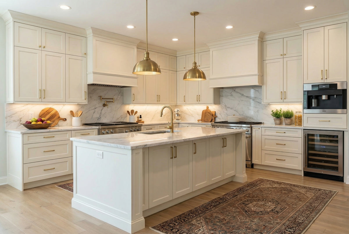 Bright Swan White Kitchen with Brass Accents
