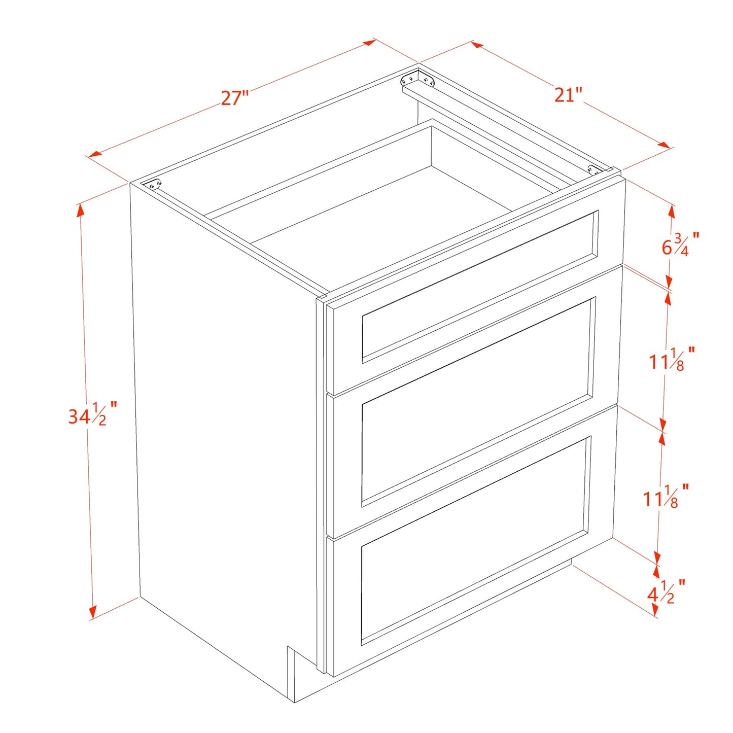 Shaker Vanity Drawer Cabinet 27" (VDB2721) · Ardelle - Dimensions